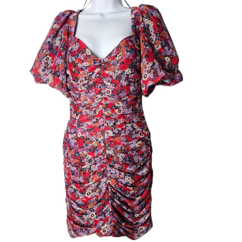 Zara Ruched Floral Puff-Sleeve Mini Dress XS Red‎ Purple Cocktail Party Romantic